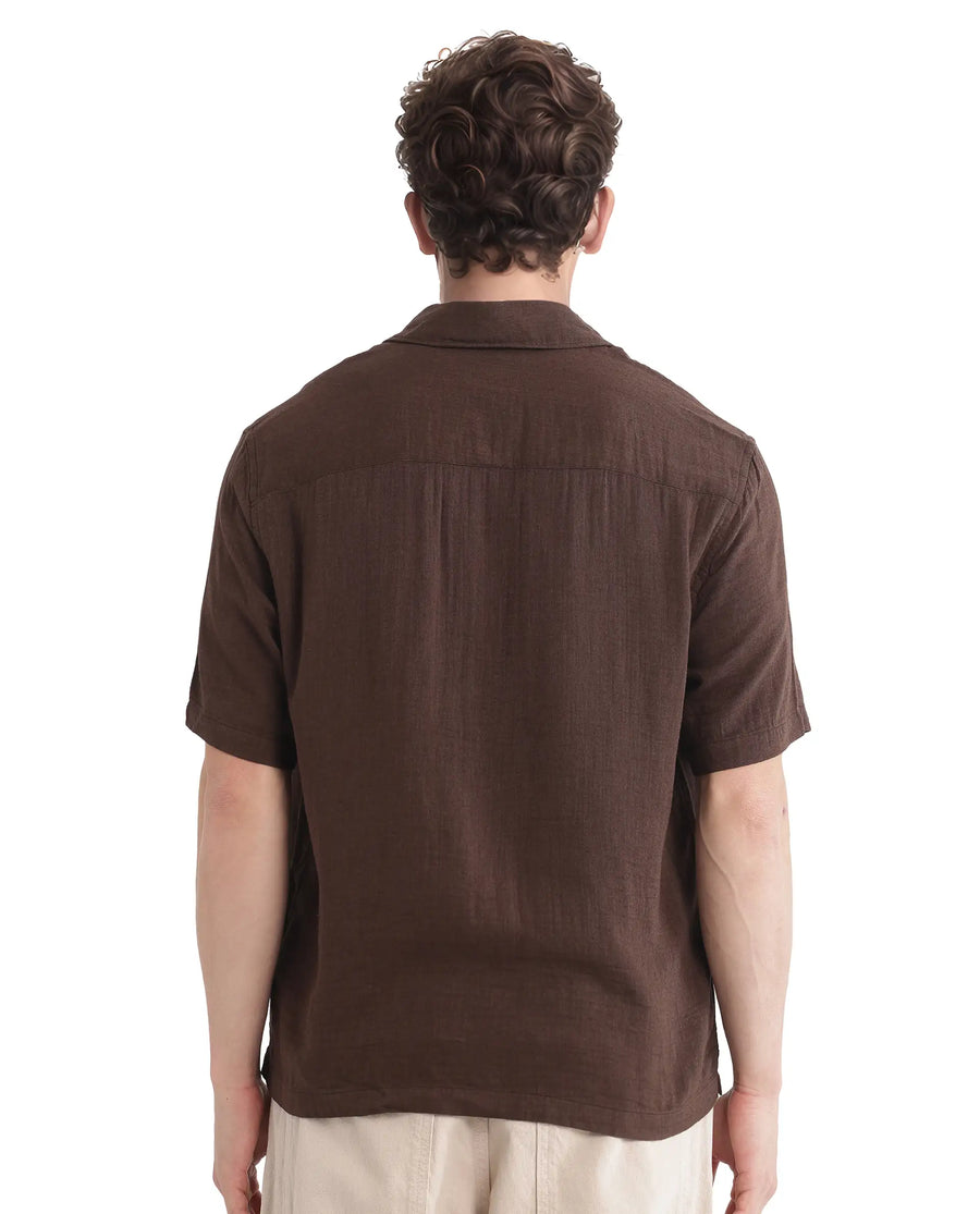 Rare Rabbit Men's Layerr Ss-25 Dark Brown Cotton Blend Plain Boxy Fit Half Sleeve Collared Shirt