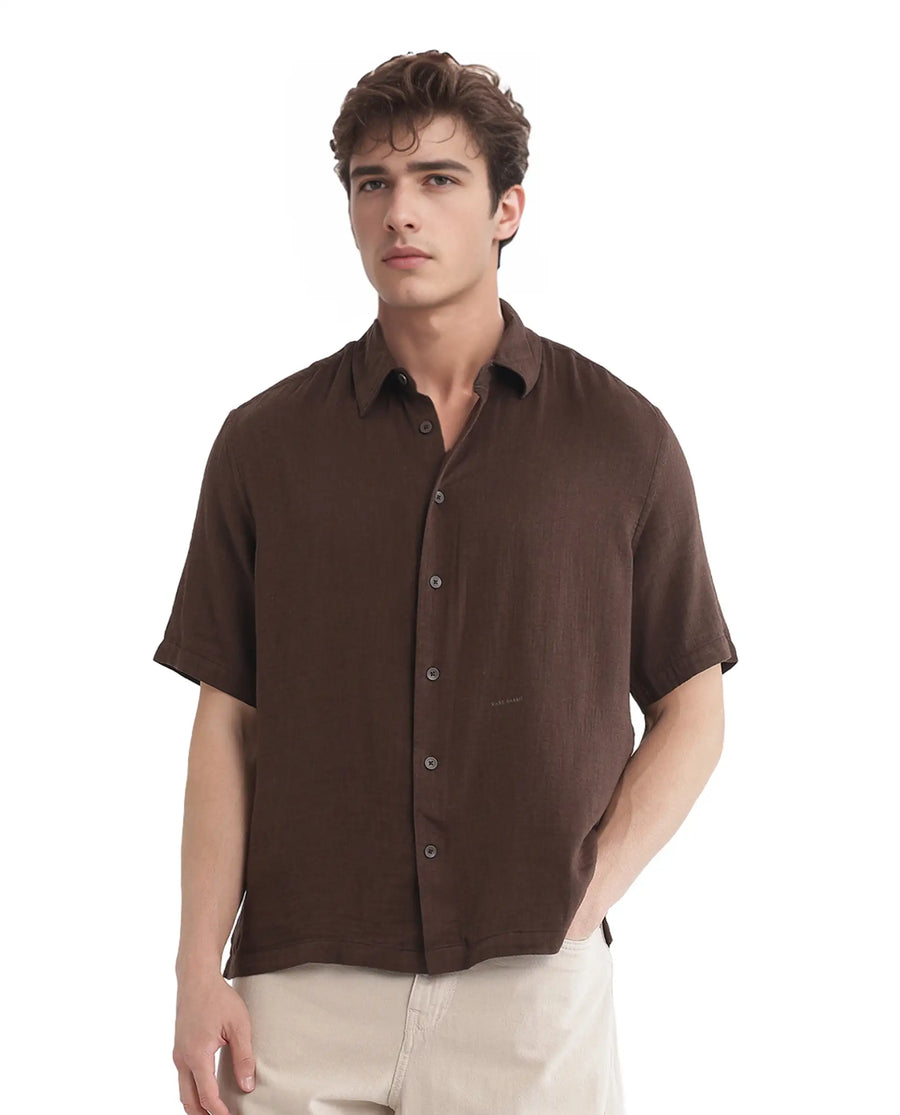 Rare Rabbit Men's Layerr Ss-25 Dark Brown Cotton Blend Plain Boxy Fit Half Sleeve Collared Shirt
