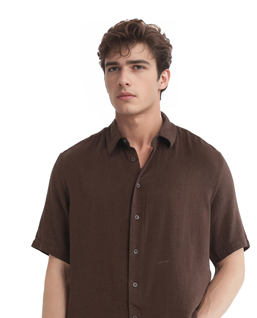 Rare Rabbit Men's Layerr Ss-25 Dark Brown Cotton Blend Plain Boxy Fit Half Sleeve Collared Shirt