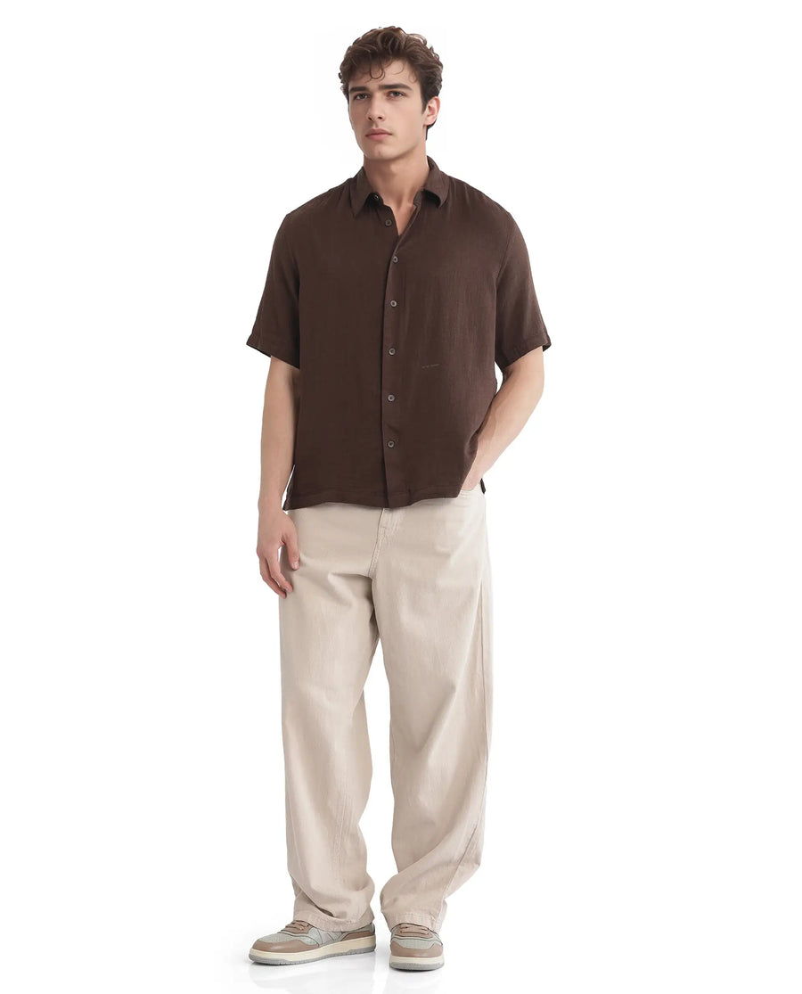 Rare Rabbit Men's Layerr Ss-25 Dark Brown Cotton Blend Plain Boxy Fit Half Sleeve Collared Shirt