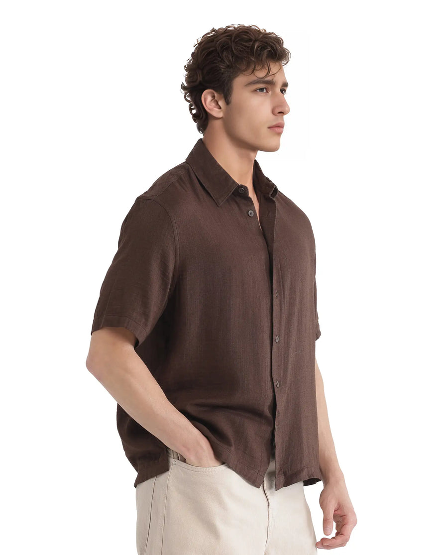 Rare Rabbit Men's Layerr Ss-25 Dark Brown Cotton Blend Plain Boxy Fit Half Sleeve Collared Shirt