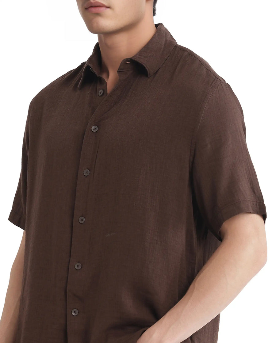 Rare Rabbit Men's Layerr Ss-25 Dark Brown Cotton Blend Plain Boxy Fit Half Sleeve Collared Shirt