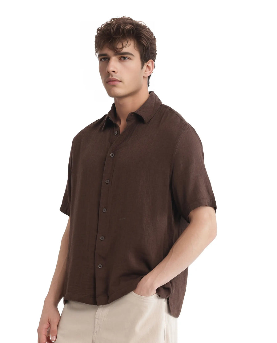 Rare Rabbit Men's Layerr Ss-25 Dark Brown Cotton Blend Plain Boxy Fit Half Sleeve Collared Shirt