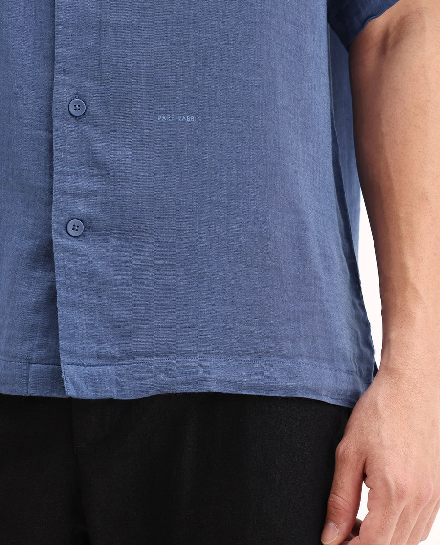 Rare Rabbit Men's Layerr Ss-25 Dark Blue Cotton Blend Plain Boxy Fit Full Sleeve Collared Shirt