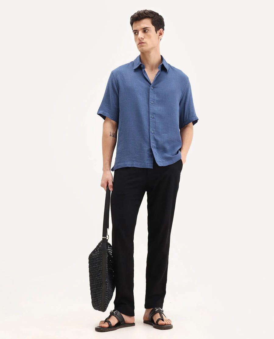 Rare Rabbit Men's Layerr Ss-25 Dark Blue Cotton Blend Plain Boxy Fit Full Sleeve Collared Shirt