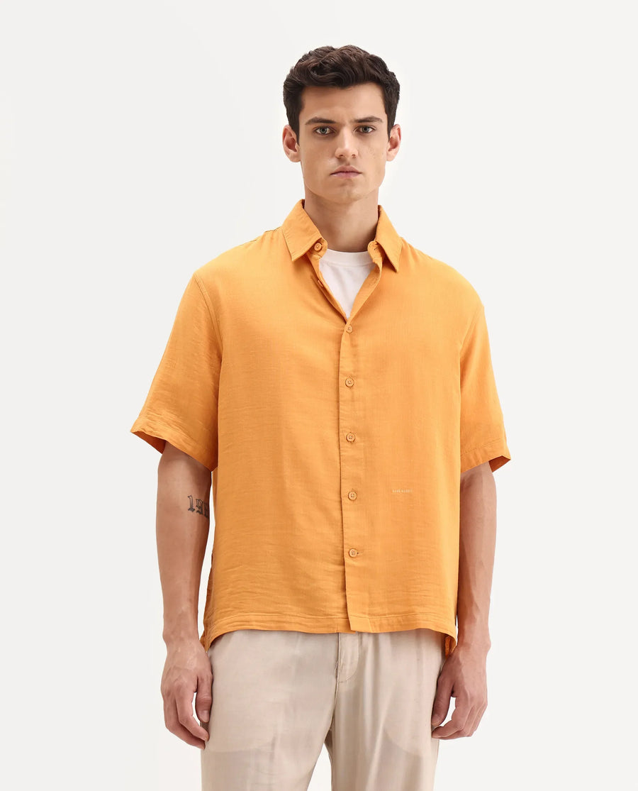 Rare Rabbit Men's Layerr Ss-25 Dark Yellow Cotton Blend Plain Boxy Fit Half Sleeve Collared Shirt