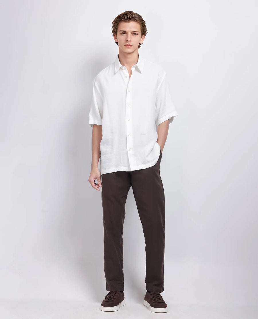Rare Rabbit Men's Layerr Ss-25 White Cotton Blend Plain Boxy Fit Half Sleeve Collared Shirt