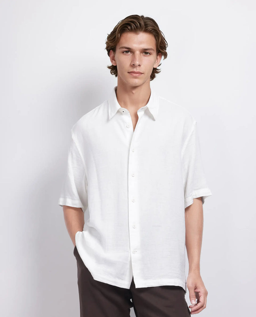 Rare Rabbit Men's Layerr Ss-25 White Cotton Blend Plain Boxy Fit Half Sleeve Collared Shirt