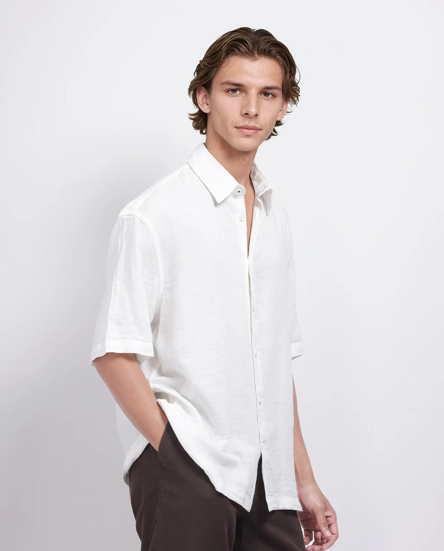 Rare Rabbit Men's Layerr Ss-25 White Cotton Blend Plain Boxy Fit Half Sleeve Collared Shirt