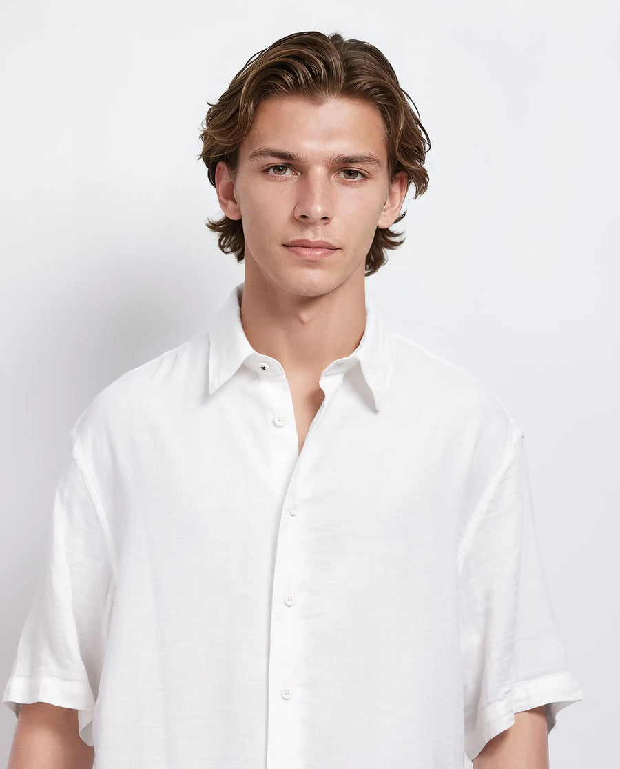 Rare Rabbit Men's Layerr Ss-25 White Cotton Blend Plain Boxy Fit Half Sleeve Collared Shirt