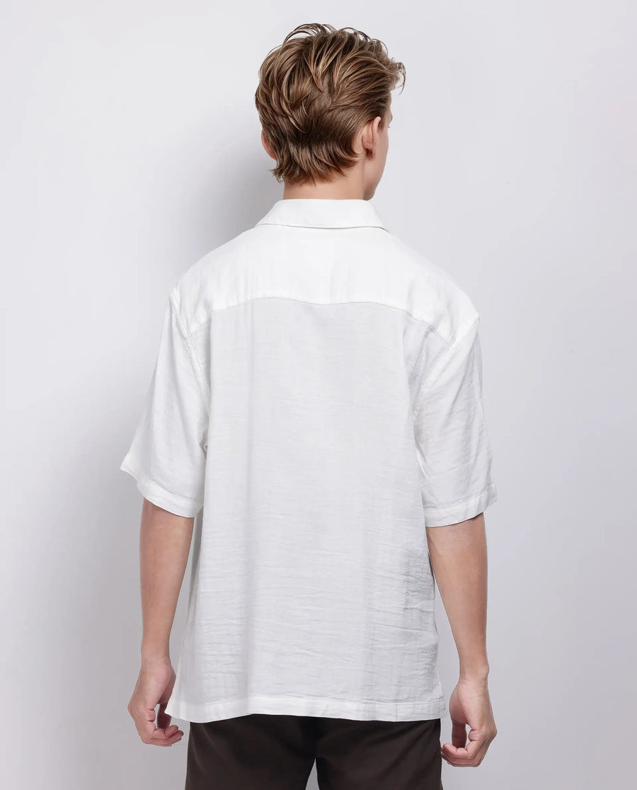 Rare Rabbit Men's Layerr Ss-25 White Cotton Blend Plain Boxy Fit Half Sleeve Collared Shirt