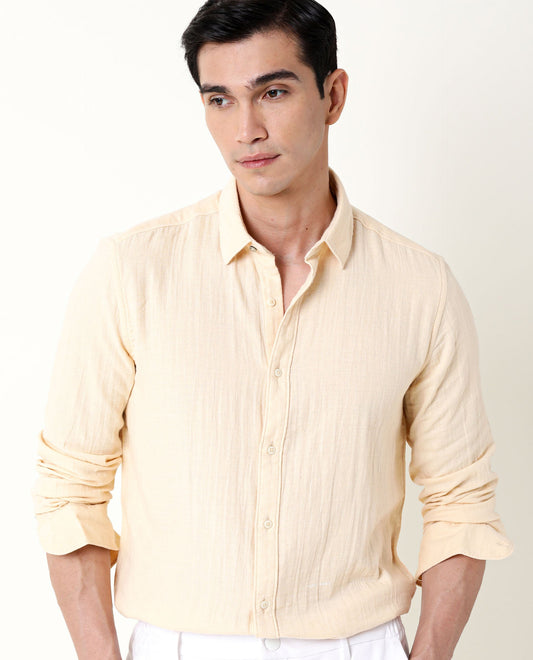 Rare Rabbit Men's Layers Beige Cotton Plain Regular Fit Full Sleeve Collared Shirt