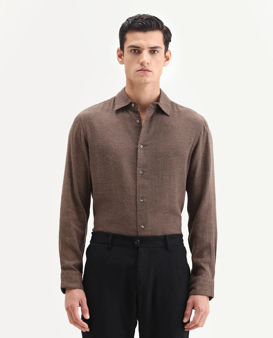 Rare Rabbit Men's Layt Dark Brown Cotton Blend Fabric Spread Collar Regular Fit Plain Shirt
