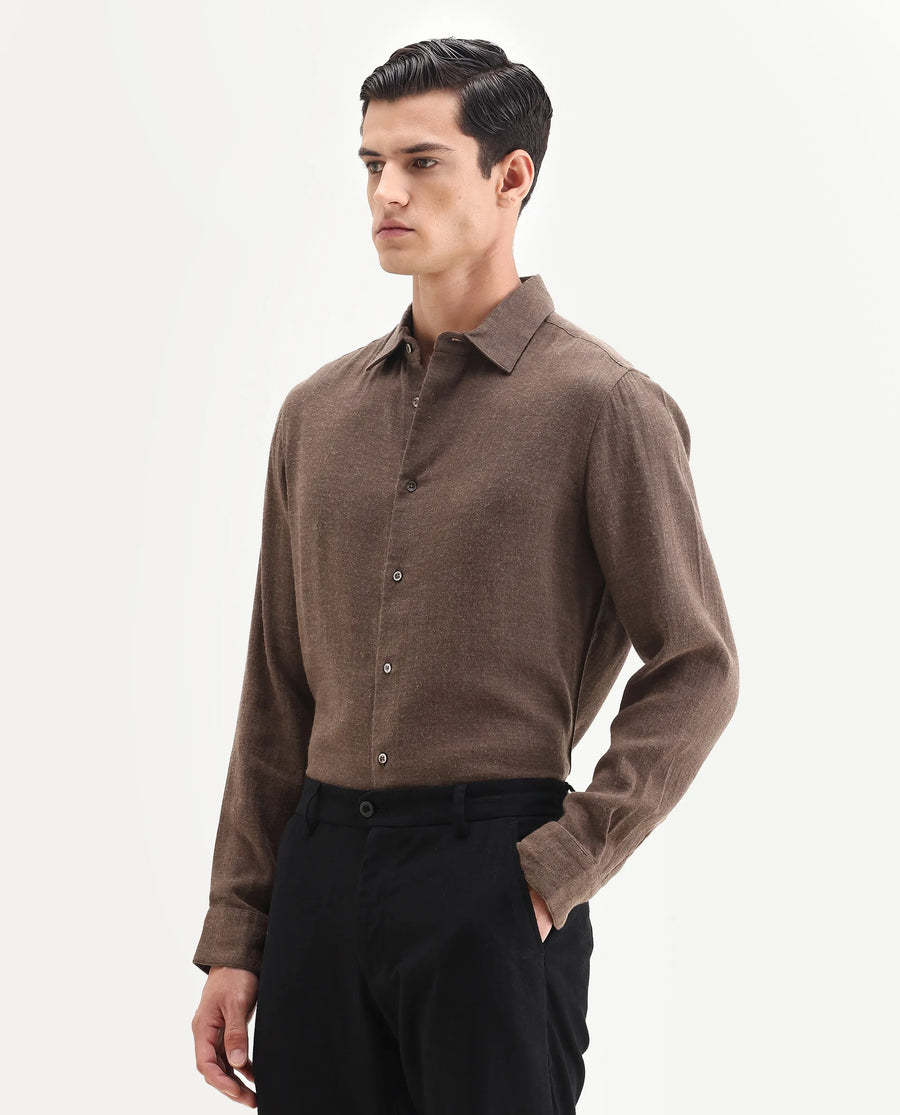 Rare Rabbit Men's Layt Dark Brown Cotton Blend Fabric Spread Collar Regular Fit Plain Shirt