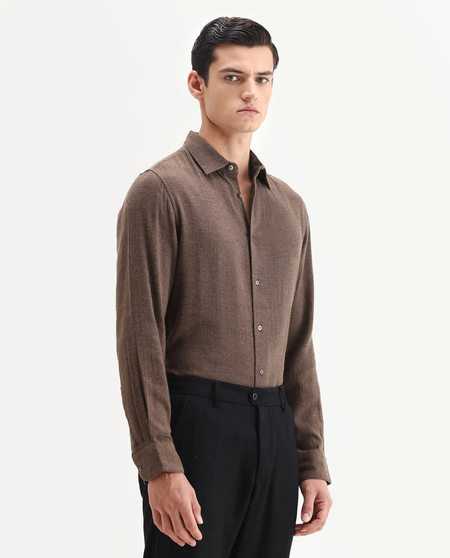 Rare Rabbit Men's Layt Dark Brown Cotton Blend Fabric Spread Collar Regular Fit Plain Shirt
