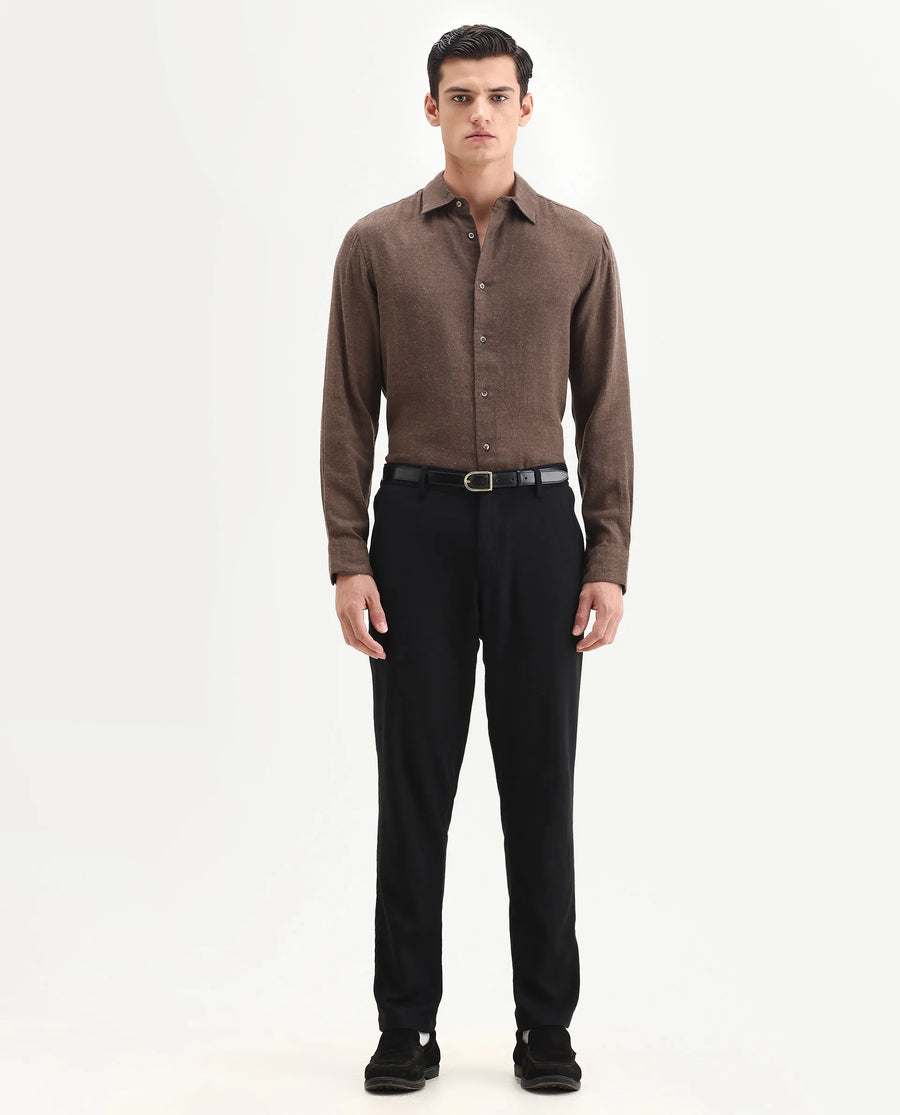 Rare Rabbit Men's Layt Dark Brown Cotton Blend Fabric Spread Collar Regular Fit Plain Shirt