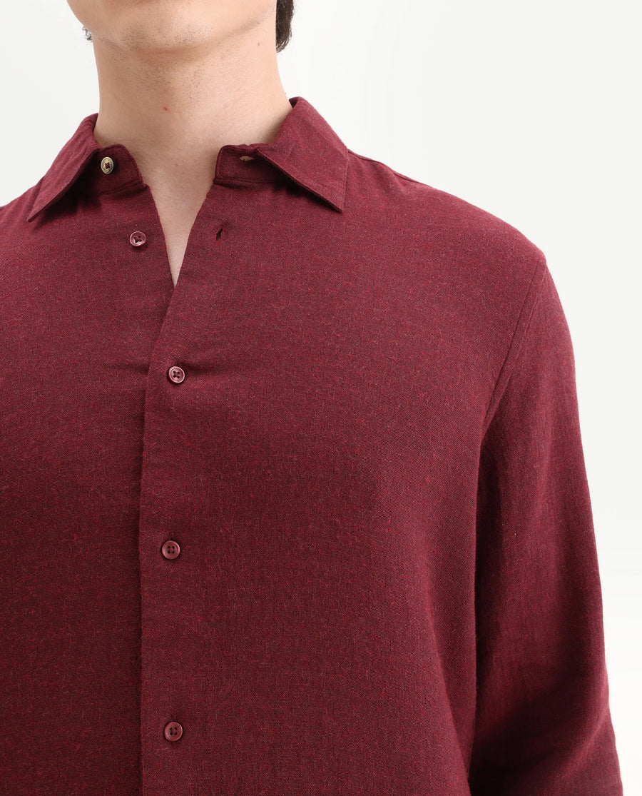 Rare Rabbit Men's Layt Red Cotton Blend Fabric Spread Collar Regular Fit Plain Shirt