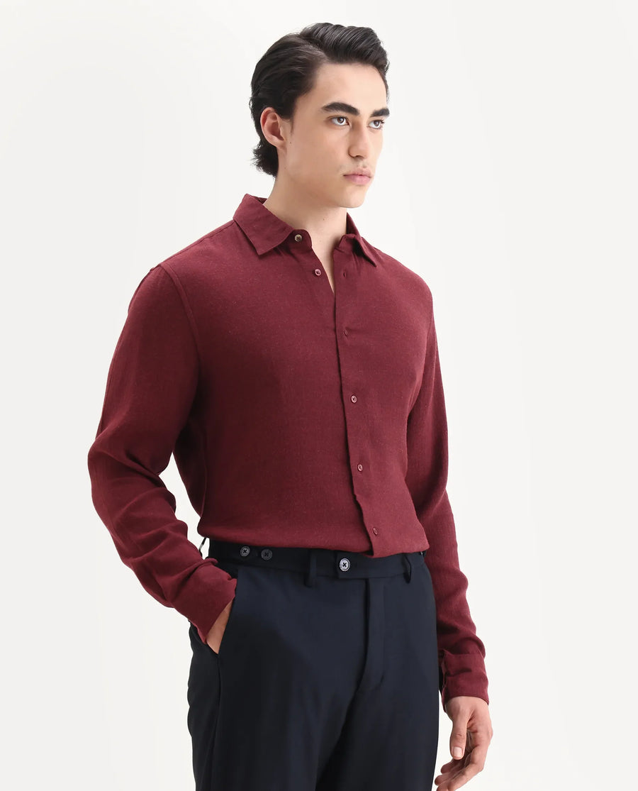 Rare Rabbit Men's Layt Red Cotton Blend Fabric Spread Collar Regular Fit Plain Shirt