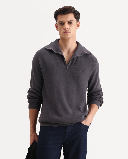Rare Rabbit Men's Laz Grey Cotton Plain Regular Fit Full Sleeve High Neck Sweater