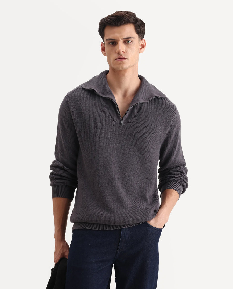 Rare Rabbit Men's Laz Grey Cotton Plain Regular Fit Full Sleeve High Neck Sweater