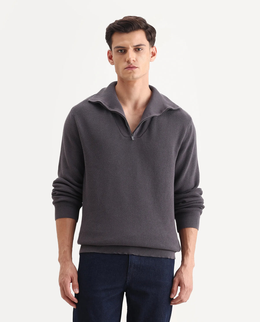 Rare Rabbit Men's Laz Grey Cotton Plain Regular Fit Full Sleeve High Neck Sweater