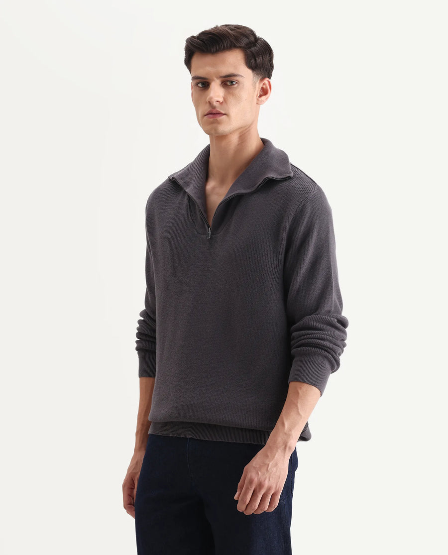 Rare Rabbit Men's Laz Grey Cotton Plain Regular Fit Full Sleeve High Neck Sweater