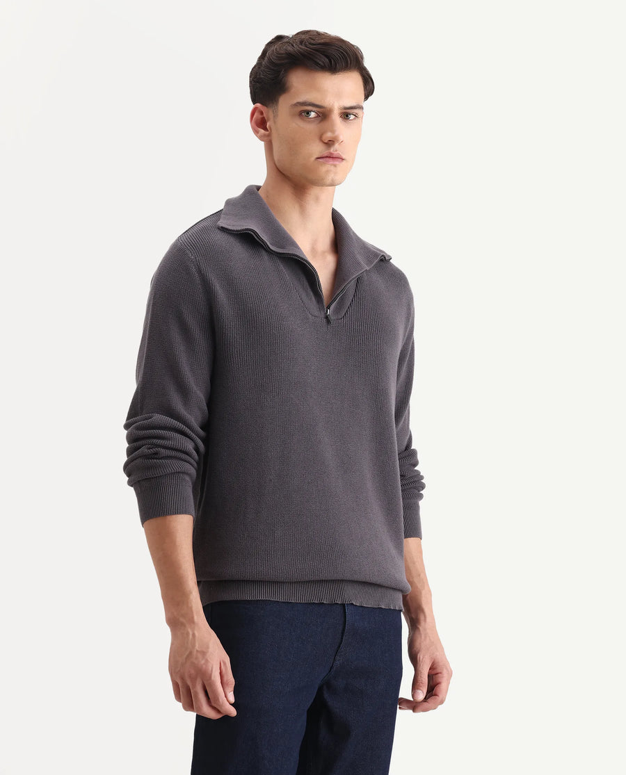 Rare Rabbit Men's Laz Grey Cotton Plain Regular Fit Full Sleeve High Neck Sweater