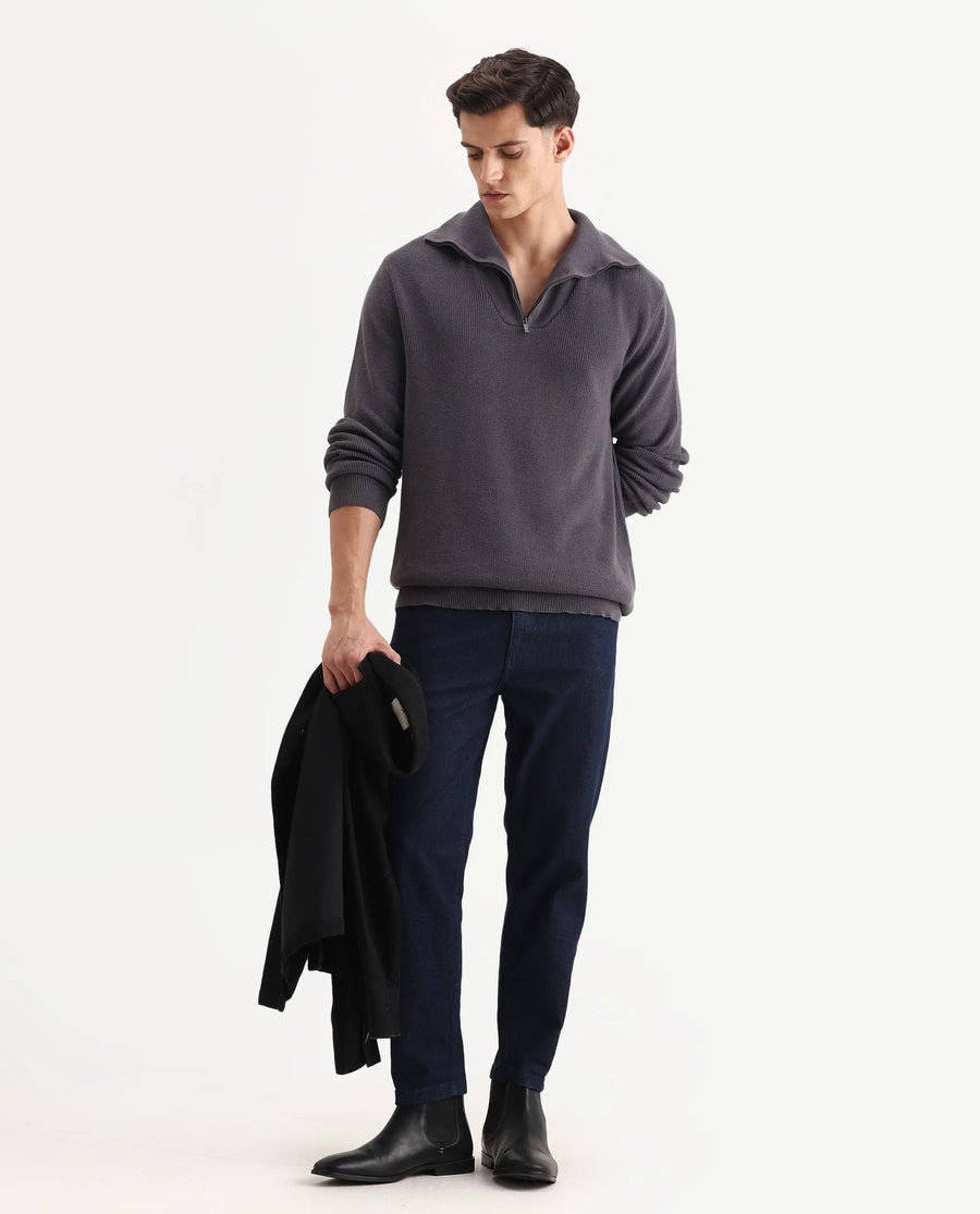 Rare Rabbit Men's Laz Grey Cotton Plain Regular Fit Full Sleeve High Neck Sweater