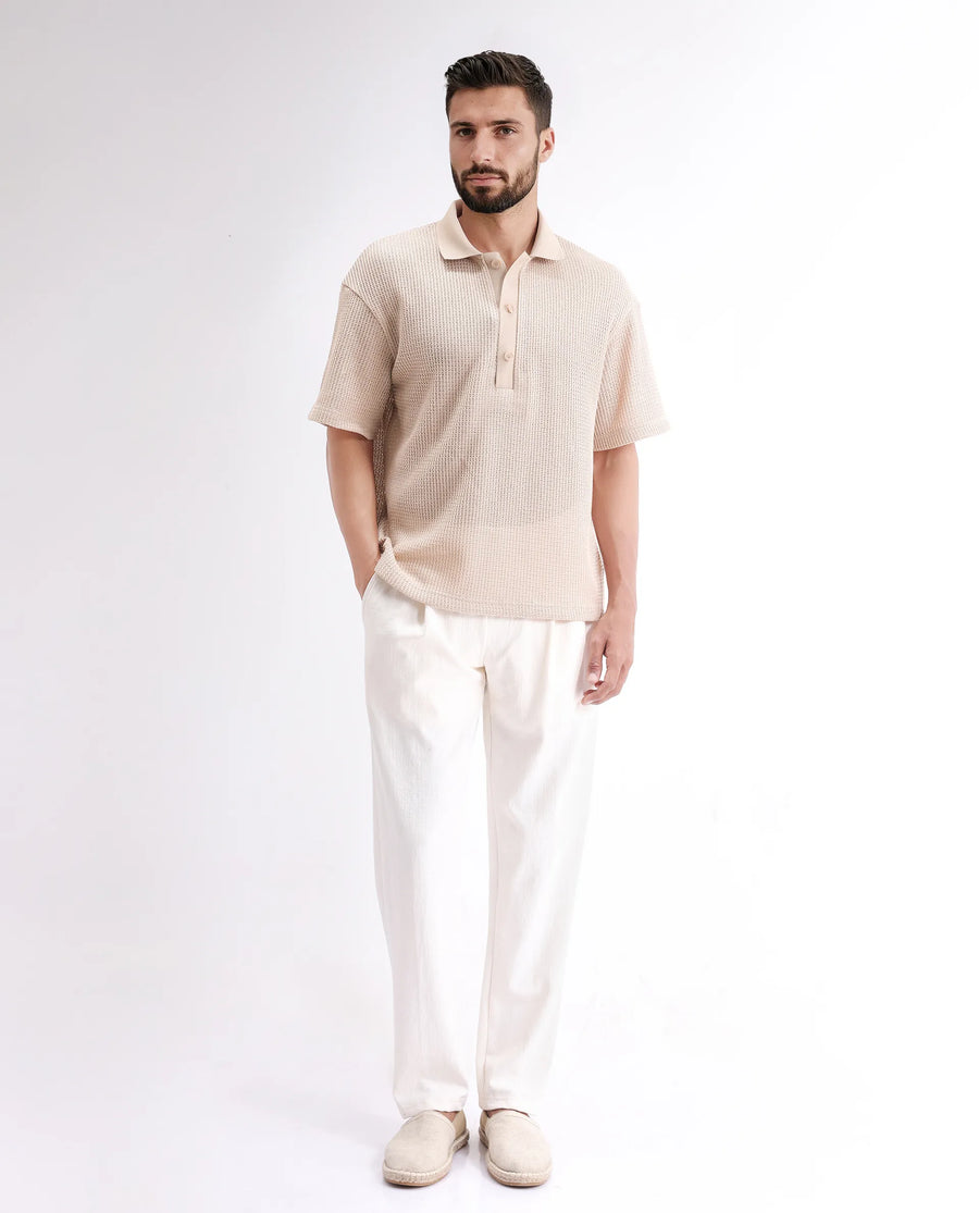 Rare Rabbit Men's Lbiza Beige Cotton Plain Regular Fit Half Sleeve Collared Shirt