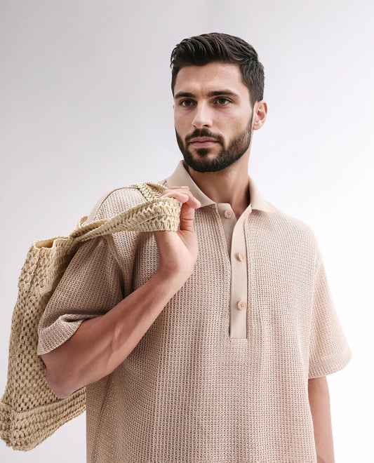 Rare Rabbit Men's Lbiza Beige Cotton Plain Regular Fit Half Sleeve Collared Shirt