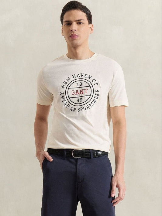 Gant Men Cream Printed Regular Fit Pure Cotton T-Shirt
