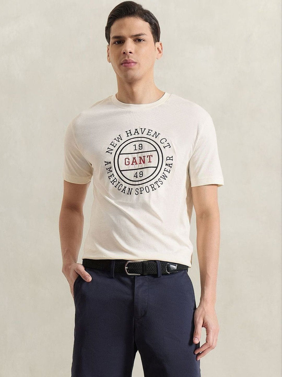 Gant Men Cream Printed Regular Fit Pure Cotton T-Shirt
