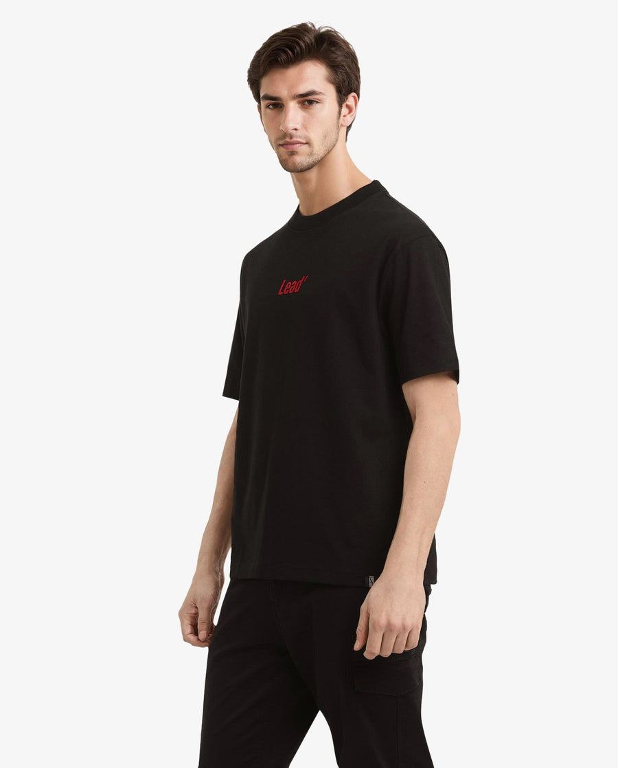Rare Rabbit Men's Lea Black Cotton Graphic Print Oversized Fit Half Sleeve Crew Neck T-Shirt