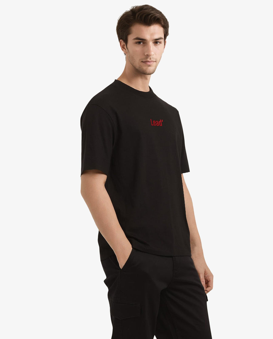 Rare Rabbit Men's Lea Black Cotton Graphic Print Oversized Fit Half Sleeve Crew Neck T-Shirt