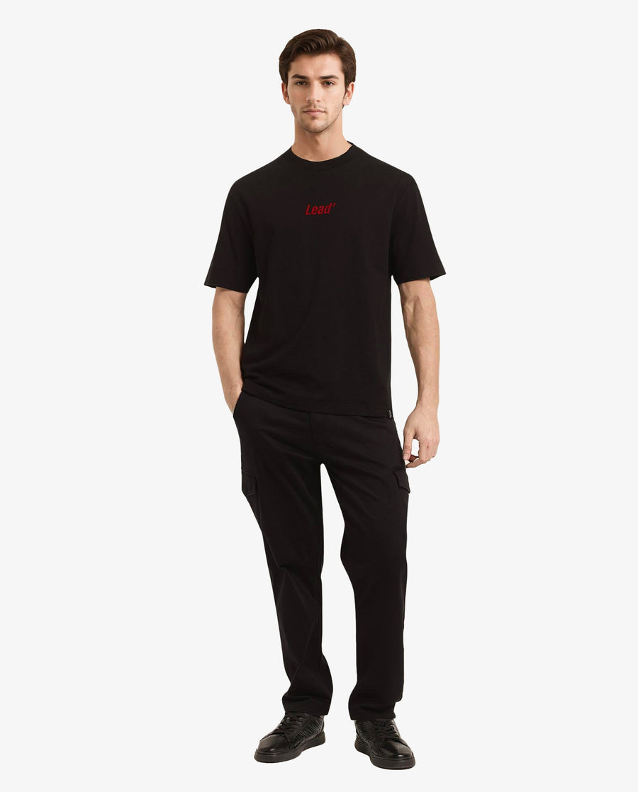 Rare Rabbit Men's Lea Black Cotton Graphic Print Oversized Fit Half Sleeve Crew Neck T-Shirt