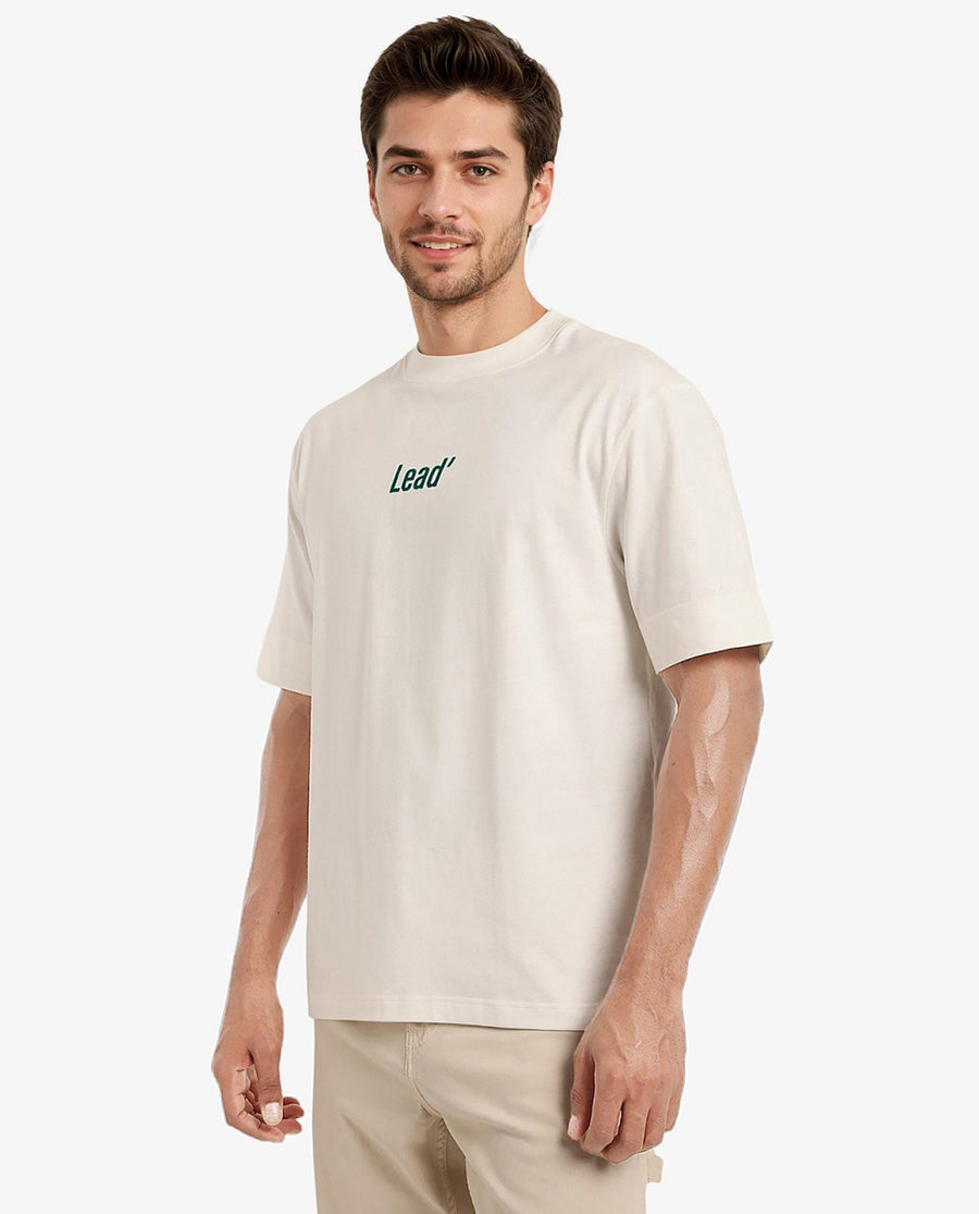 Rare Rabbit Men's Lea Off White Cotton Graphic Print Oversized Fit Half Sleeve Crew Neck T-Shirt