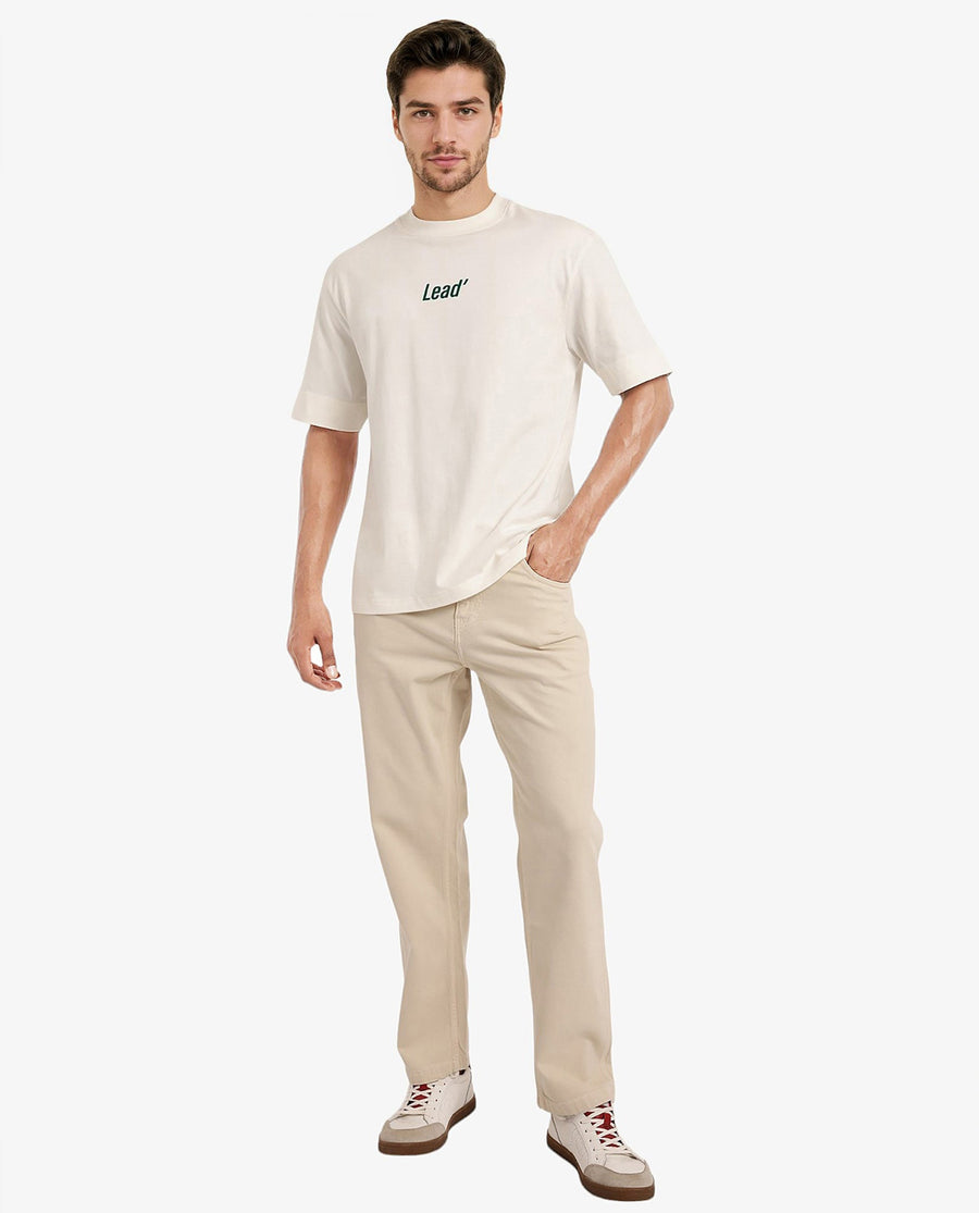 Rare Rabbit Men's Lea Off White Cotton Graphic Print Oversized Fit Half Sleeve Crew Neck T-Shirt