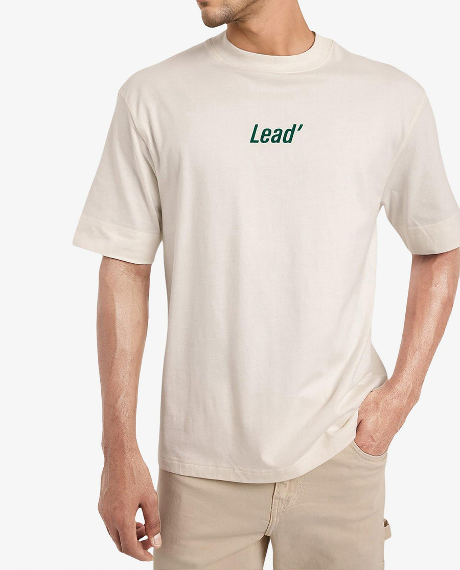 Rare Rabbit Men's Lea Off White Cotton Graphic Print Oversized Fit Half Sleeve Crew Neck T-Shirt