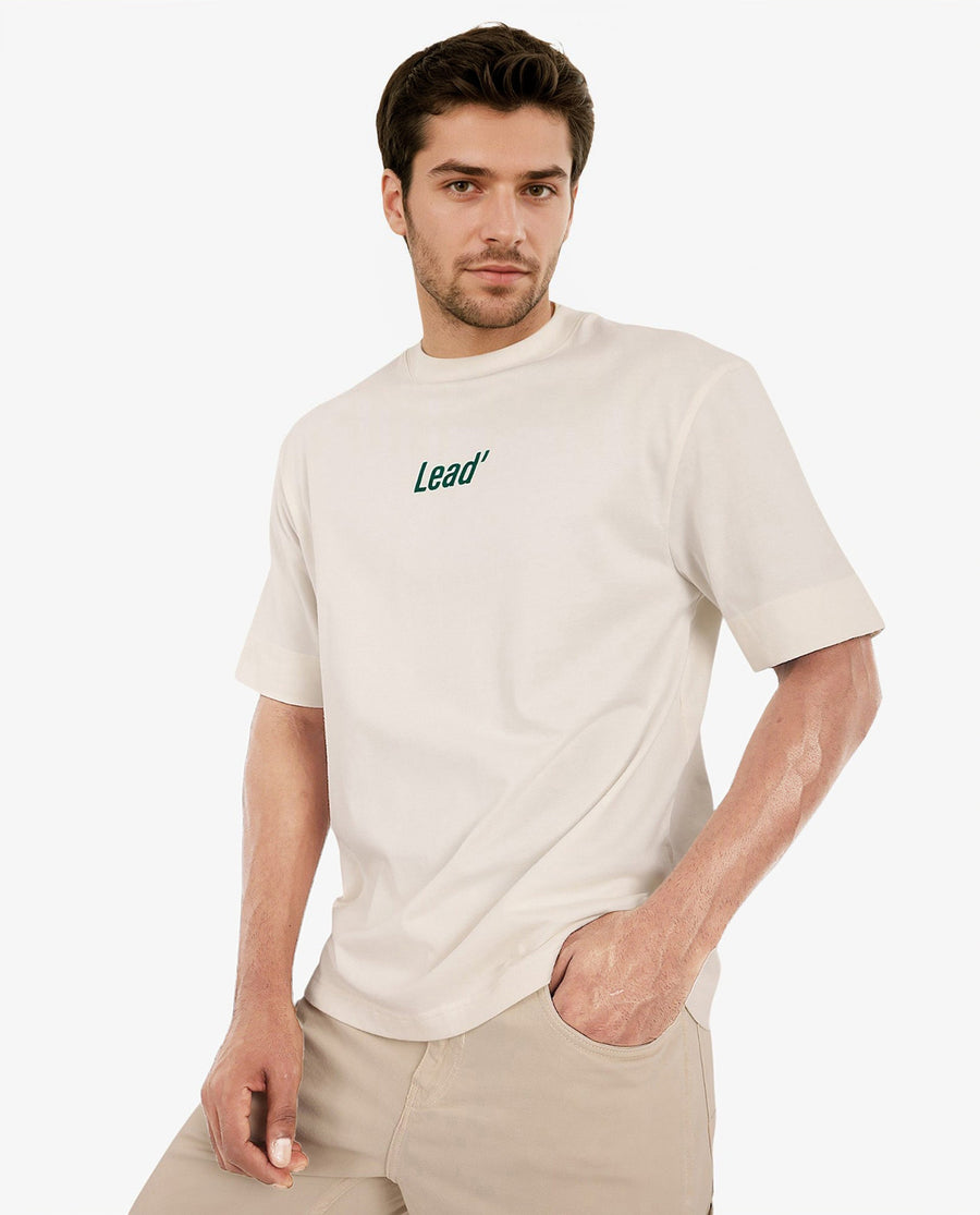 Rare Rabbit Men's Lea Off White Cotton Graphic Print Oversized Fit Half Sleeve Crew Neck T-Shirt