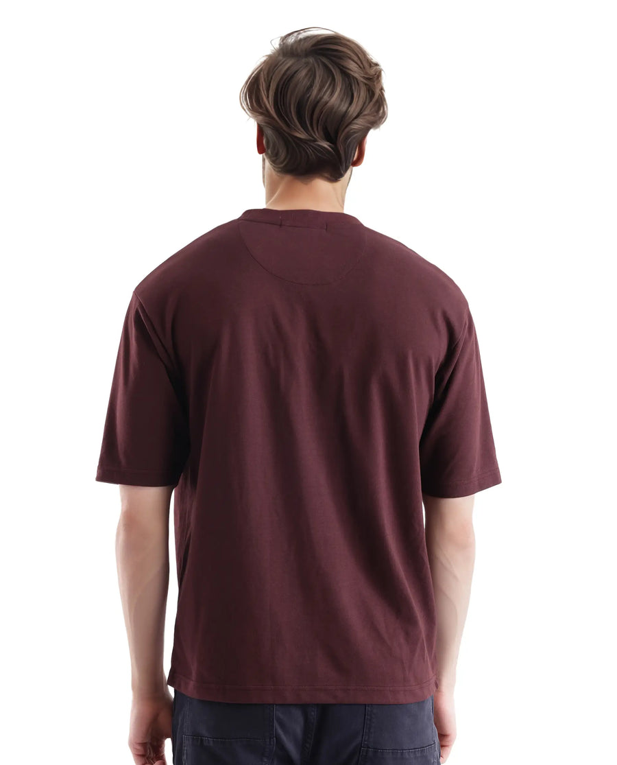Rare Rabbit Men's Leat Dark Brown Cotton Graphic Print Boxy Fit Half Sleeve Crew Neck T-Shirt