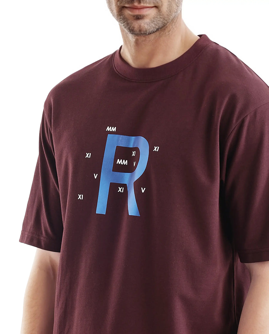Rare Rabbit Men's Leat Dark Brown Cotton Graphic Print Boxy Fit Half Sleeve Crew Neck T-Shirt