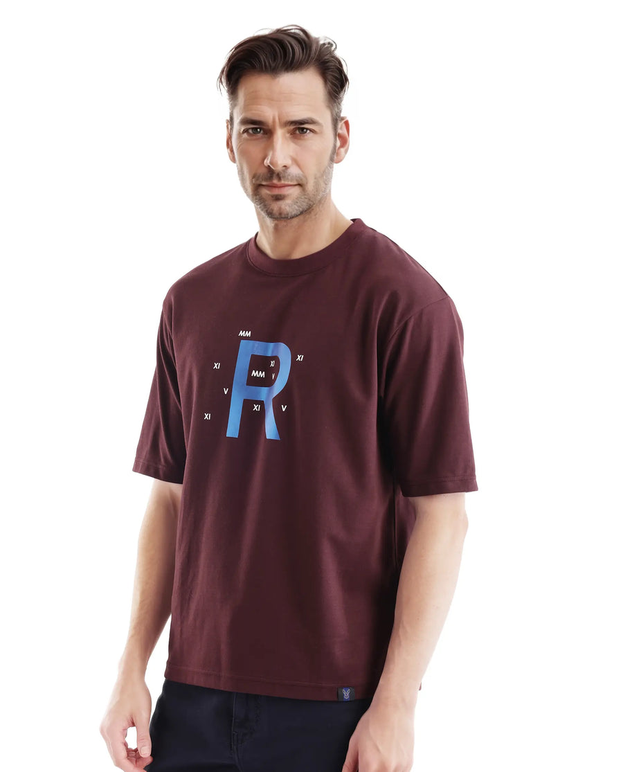 Rare Rabbit Men's Leat Dark Brown Cotton Graphic Print Boxy Fit Half Sleeve Crew Neck T-Shirt