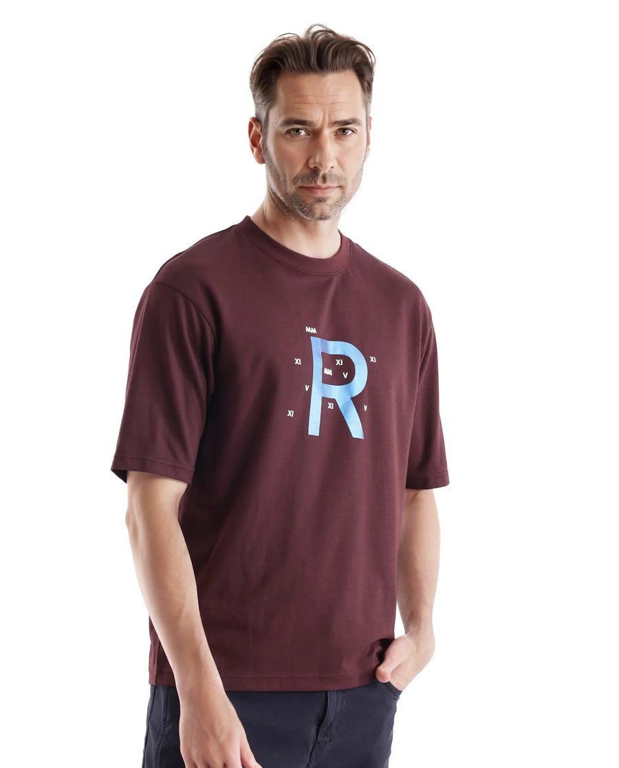 Rare Rabbit Men's Leat Dark Brown Cotton Graphic Print Boxy Fit Half Sleeve Crew Neck T-Shirt
