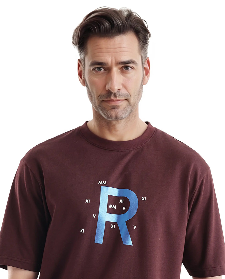 Rare Rabbit Men's Leat Dark Brown Cotton Graphic Print Boxy Fit Half Sleeve Crew Neck T-Shirt