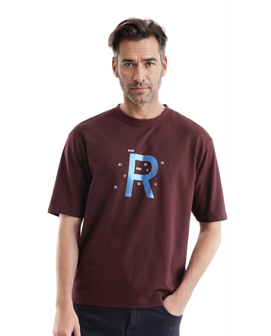 Rare Rabbit Men's Leat Dark Brown Cotton Graphic Print Boxy Fit Half Sleeve Crew Neck T-Shirt