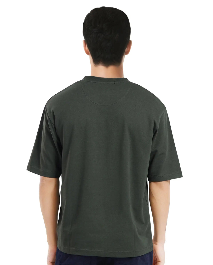 Rare Rabbit Men's Leat Olive Cotton Graphic Print Boxy Fit Half Sleeve Crew Neck T-Shirt