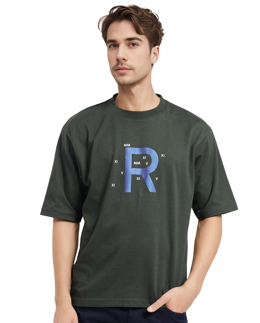 Rare Rabbit Men's Leat Olive Cotton Graphic Print Boxy Fit Half Sleeve Crew Neck T-Shirt