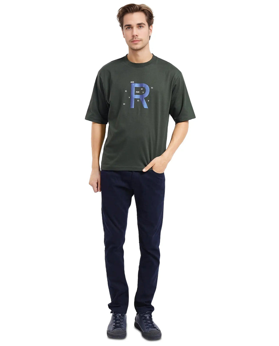 Rare Rabbit Men's Leat Olive Cotton Graphic Print Boxy Fit Half Sleeve Crew Neck T-Shirt