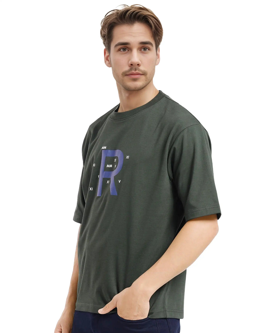 Rare Rabbit Men's Leat Olive Cotton Graphic Print Boxy Fit Half Sleeve Crew Neck T-Shirt
