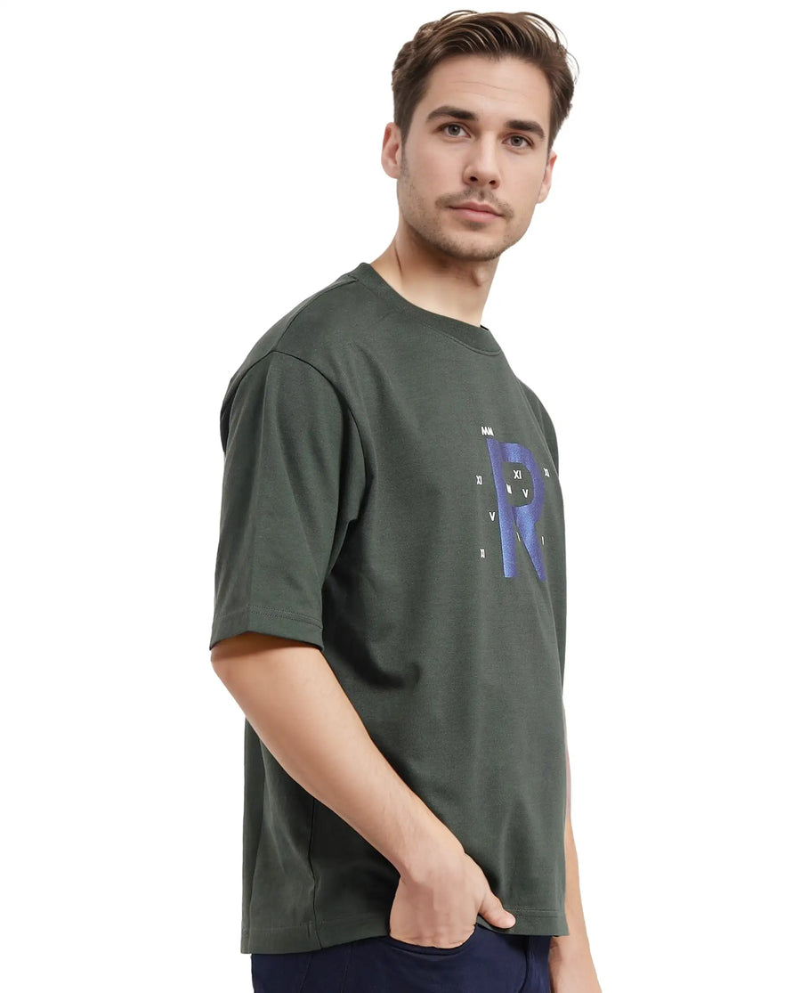 Rare Rabbit Men's Leat Olive Cotton Graphic Print Boxy Fit Half Sleeve Crew Neck T-Shirt